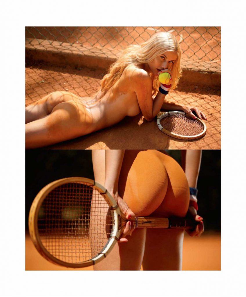 Blond-haired bombshell Olga de Mar posing naked on a tennis court gallery, pic 20