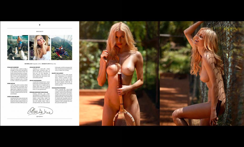 Blond-haired bombshell Olga de Mar posing naked on a tennis court gallery, pic 34