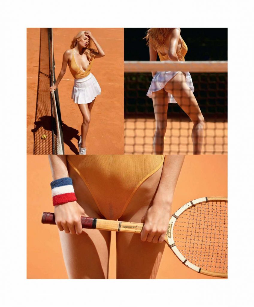 Blond-haired bombshell Olga de Mar posing naked on a tennis court gallery, pic 8