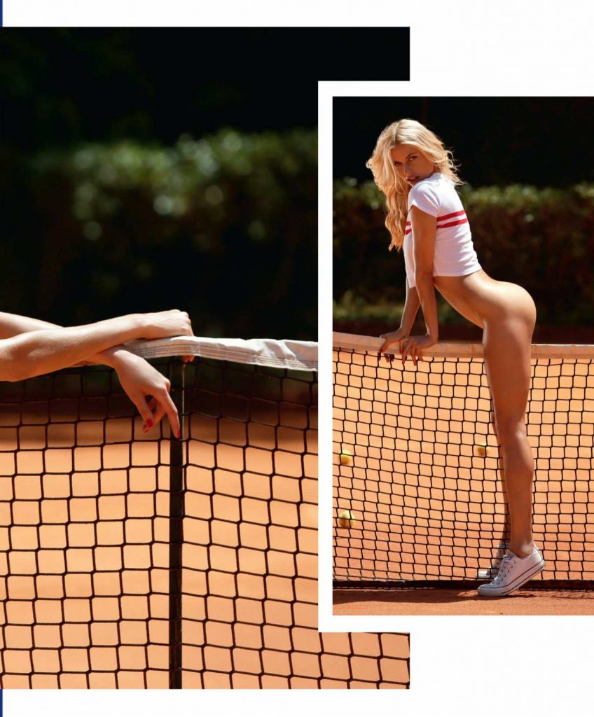 Blond-haired bombshell Olga de Mar posing naked on a tennis court gallery, pic 14