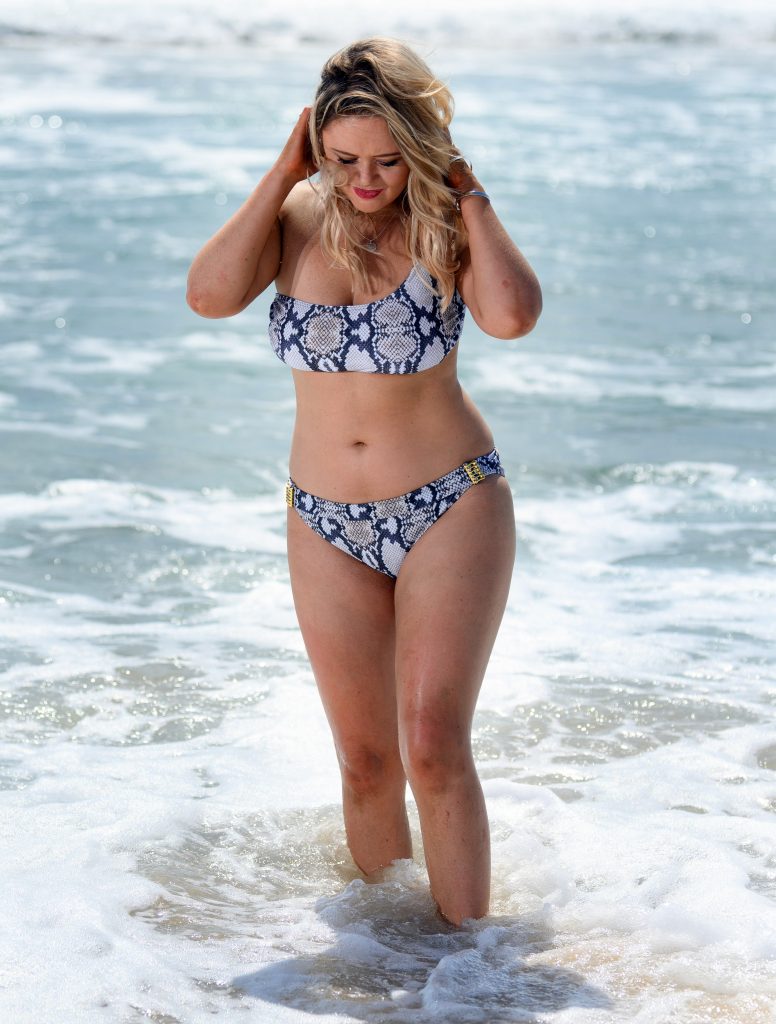 Beautiful contestant Emily Atack showing her curvy body in a colorful bikini gallery, pic 20