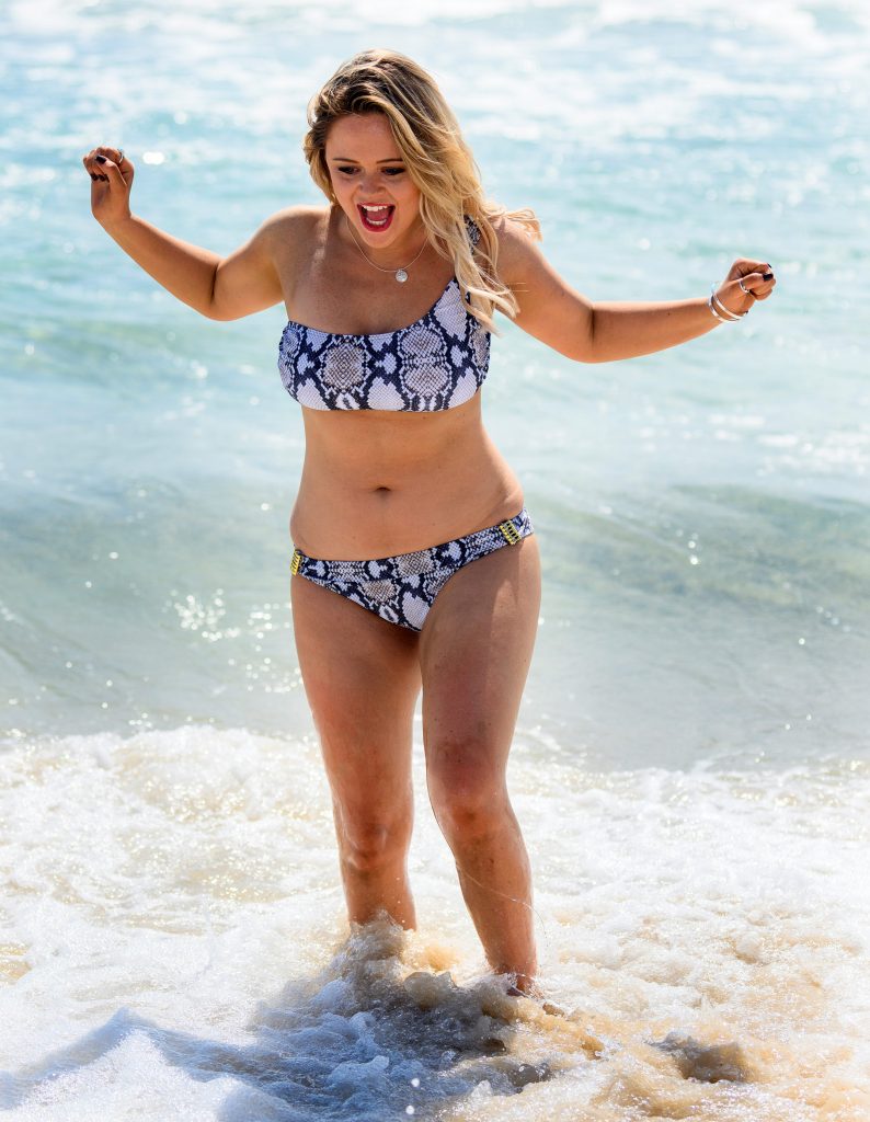 Beautiful contestant Emily Atack showing her curvy body in a colorful bikini gallery, pic 22