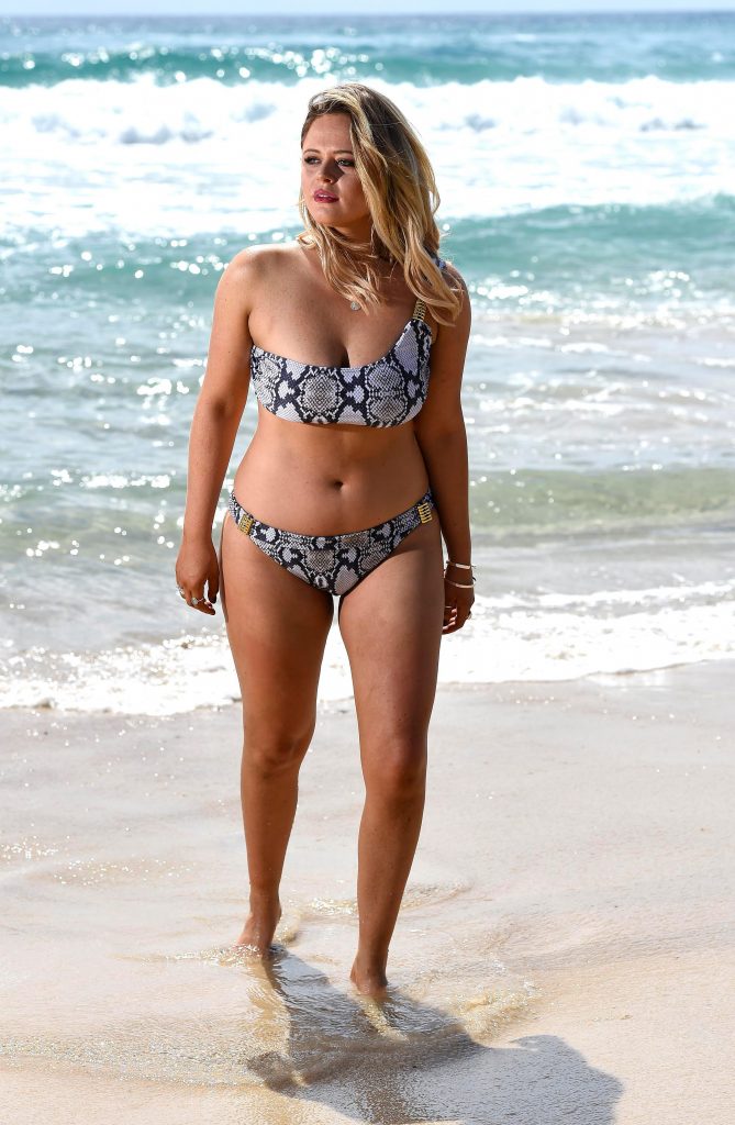 Beautiful contestant Emily Atack showing her curvy body in a colorful bikini gallery, pic 4