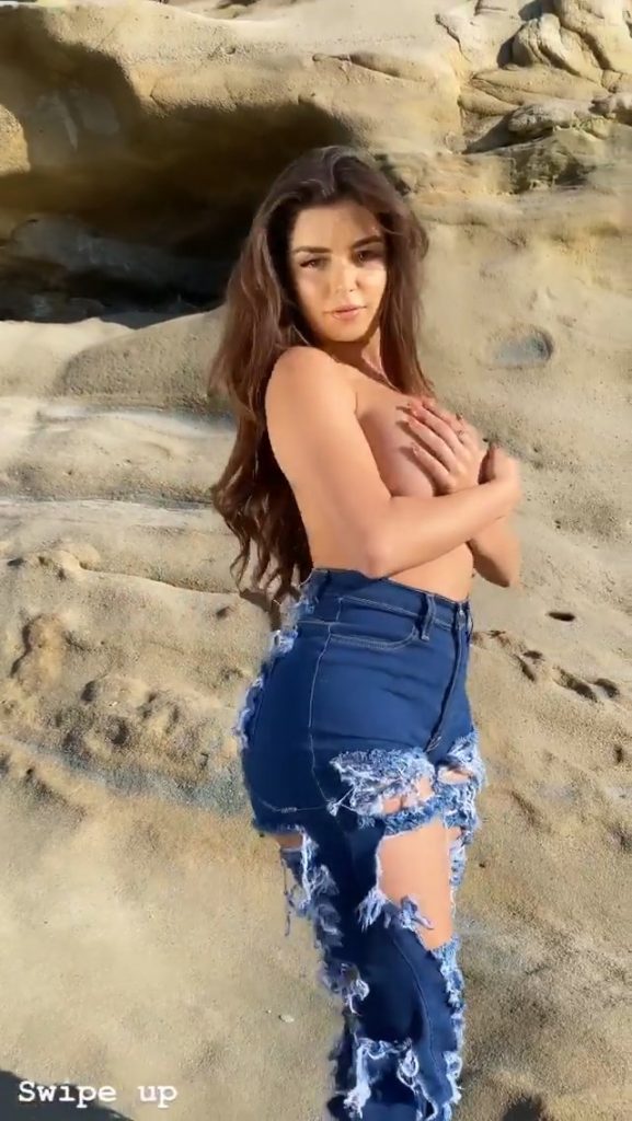 Topless Demi Rose Teasing in Ripped Jeans (HANDBRA ALERT) video screenshot 6