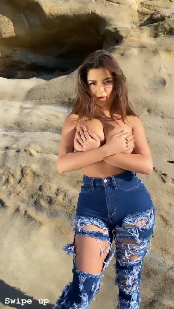 Topless Demi Rose Teasing in Ripped Jeans (HANDBRA ALERT) video screenshot 8