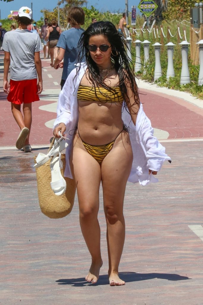 Curvy Girl Camila Cabello Showing Her Colossal Booty in a Yellow Animal Print Bikini gallery, pic 4